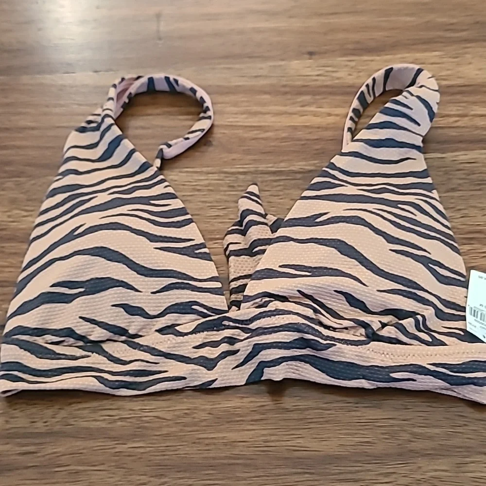 Aerie NWT Women's Triangle Tie Tiger Stripe Bikini Top Black/Tan Textured Size M - Picture 2 of 4